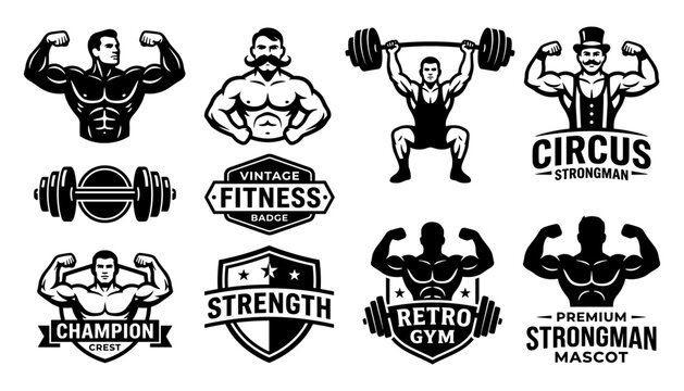 Gym Strength and Fitness Badges Set with Vintage Barbell, Muscular Icons, Shield Emblems and Bold Typography