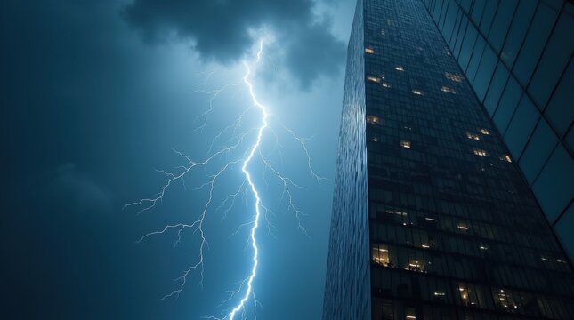 Fachada de un rascacielos moderno iluminada por m&uacute;ltiples rayos tras oscuras nubes de tormenta