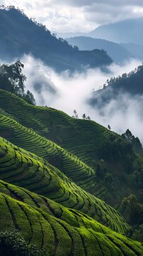 Tea plantation terraces stretch across the lush mountainside under a dramatic sky filled with soft morning mist that settles between the rolling green hills and distant mountain peaks.