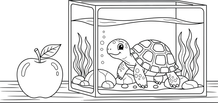 Cute Turtle in Aquarium with Apple on Table &ndash; Fun Cartoon Line Art Illustration for Kids Coloring Pages, Animal Learning Activities, and Creative Educational Projects
