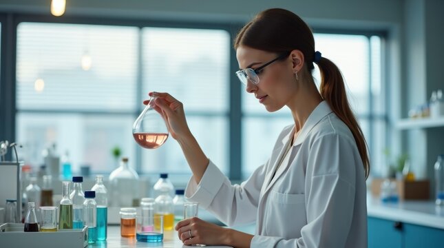 Una profesora de ciencias con estilo prepara un experimento en un laboratorio moderno y elegante