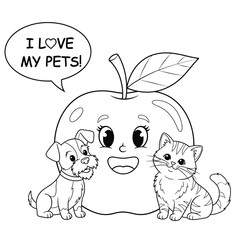 Fototapeta premium Cute Apple Character with Dog and Cat Saying “I Love My Pets” – Adorable Cartoon Line Art Illustration for Kids Coloring Pages, Pet Care Themes, and Fun Learning Activities 