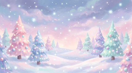 Fototapeta premium Beautiful pastel Christmas tree forest in a snowy winter landscape with falling snowflakes and soft light glow