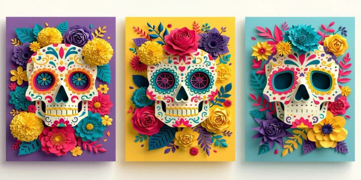 Triptych paper craft animation of a Day of the Dead skull adorned with colorful flowers. Layered decorative artwork inspired by traditional Mexican folk art, ideal for wall decor, posters, and festive