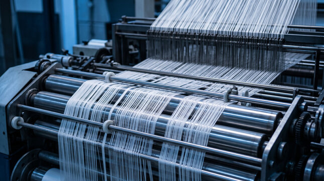 Automated industrial textile loom weaving fabric with white threads.