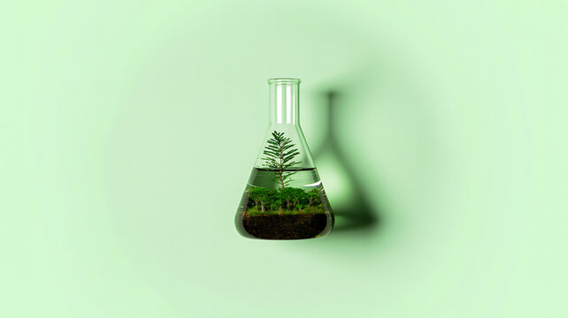 Glass erlenmeyer flask with small pine tree and soil, light green background, glass flask small tree