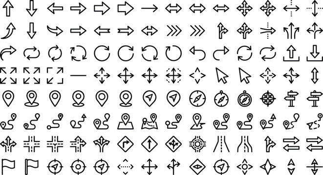 Arrow and map navigation vector line icons set for GPS tracking travel and road directions
