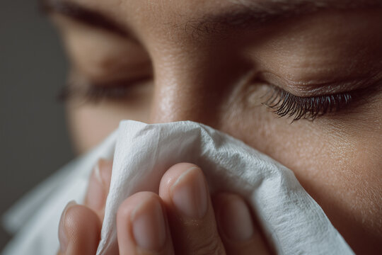 Person covering their nose with a tissue, with the face intentionally hidden, illustrating a simple healthcare and seasonal allergy concept