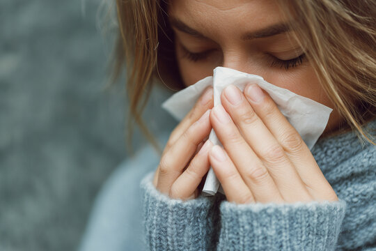 Person covering their nose with a tissue, with the face intentionally hidden, illustrating a simple healthcare and seasonal allergy concept