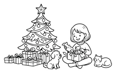 Fototapeta premium Black and white christmas scene with girl dog cat tree and gifts isolated on transparent background