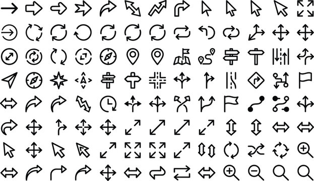 Arrow and cursor interface vector line icons set for map navigation web design and route tracking