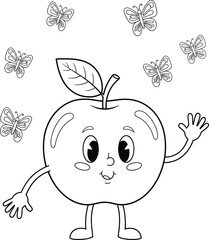 Fototapeta premium Cute Apple Character with Butterflies Line Art Illustration – Simple Cartoon Fruit Drawing for Kids Coloring Pages, Children’s Activity Sheets, Nature Artwork and Educational Designs 