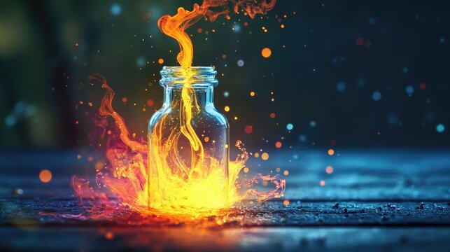 A glowing ink bottle spilling poetic verses that swirl into abstract patterns of creativity