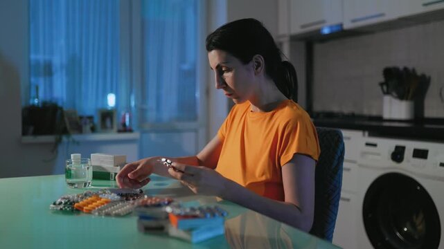 Sick female extracting medicine pill from blister pack at home.