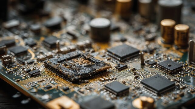 Close-up of a burnt circuit board removed from industrial electronic equipment, showing damaged chips and traces, highlighting equipment malfunction, overheating, and repair diagnostics.