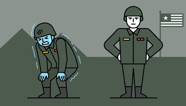 Military illustration showing a frightened, shivering soldier next to a brave and confident commanding officer.