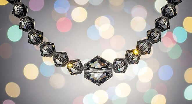 Colorful bokeh background with sparkling lights and metallic shapes.