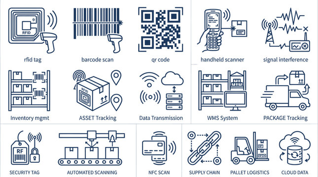 Logistics supply chain tracking icons for warehouse management and inventory control.