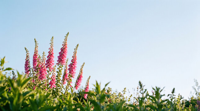 Tall pink foxglove flowers blooming in a sunny garden with a clear blue sky and natural copy space