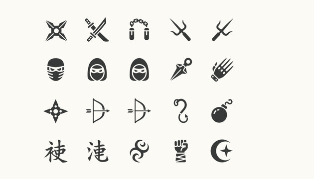 Grid set of various ninja weapons and combat accessory flat icons including shurikens, katanas, and nunchucks.