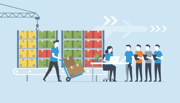 Logistics and warehouse operations with workers managing inventory, cargo, and documents in flat vector design.