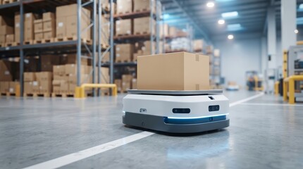 Naklejka premium Autonomous warehouse robotic logistics mobile robot hauling a carton along an aisle.