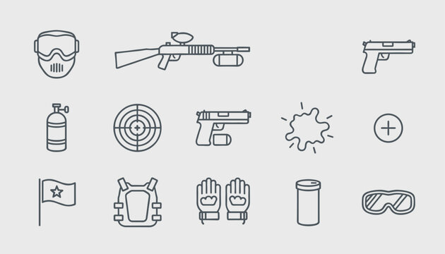 Paintball game equipment line icons collection featuring defensive mask, guns, targets, tactical vest, and paint splatters.