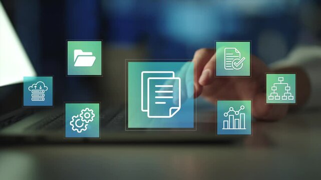 ERP enterprise resource planning concept. Business process and enterprise management icons, resource planning, workflow integration and operational efficiency. 