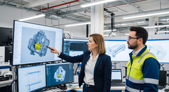 Professional Engineer and Project Manager Collaborating on Advanced 3D Mechanical Designs in a Modern Industrial Research Facility