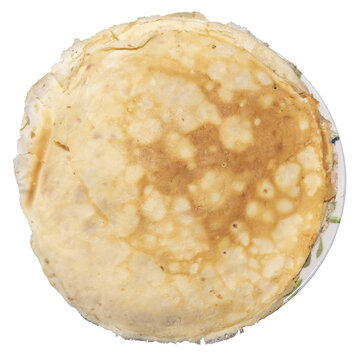 A round pancake lies on a plate against a transparent background. The pancake has a golden-brown hue, indicating that it has just been cooked. It is ready to be served as a main course or a snack.