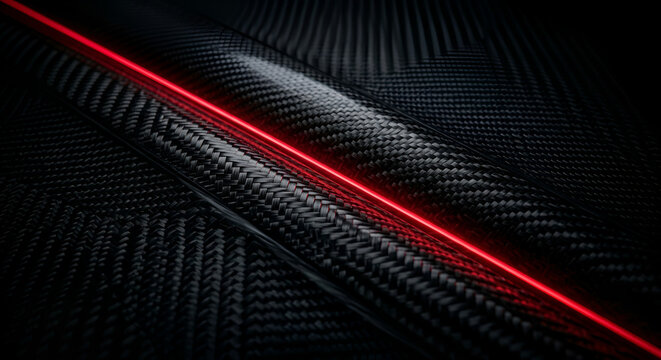Carbon Fiber Texture with Glowing Red Neon Light for Automotive Tech