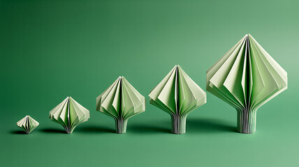 Origami trees, green background, paper folding five trees of different sizes