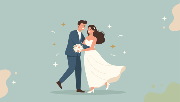 Newlywed bride and groom dancing together in elegant wedding clothes surrounded by golden stars and sparkles.