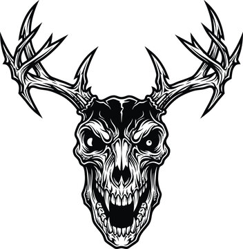 Aggressive deer skull vector illustration with sharp antlers and open mouth isolated on checkered background.