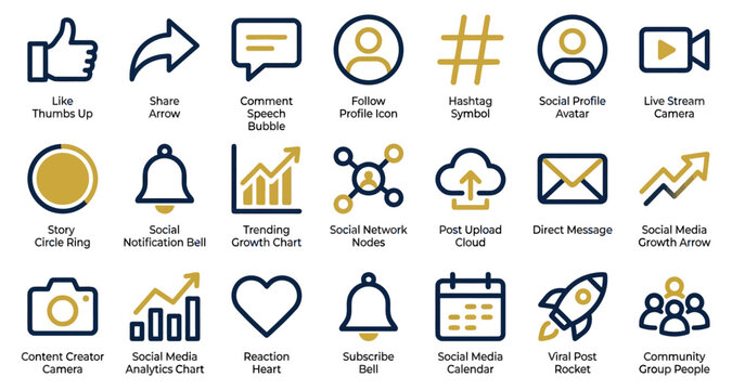 Social media icons set featuring like share comment follow hashtag avatar livestream and notification bell