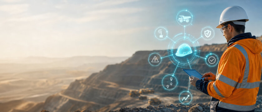 Ultra Wide AI Mining Safety Operations Banner for Predictive Maintenance Risk Reduction Equipment Uptime and Industrial Productivity