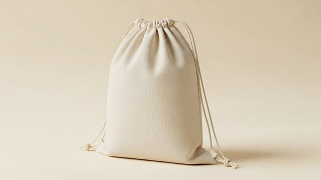 Minimalist cream canvas drawstring pouch on neutral background