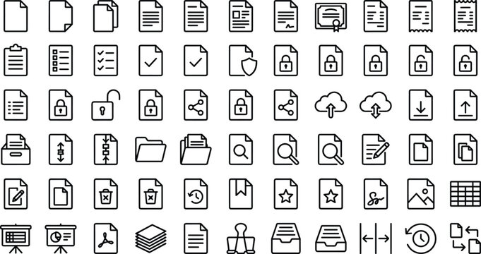 Document management and office file vector line icons set for data storage and paperwork administration