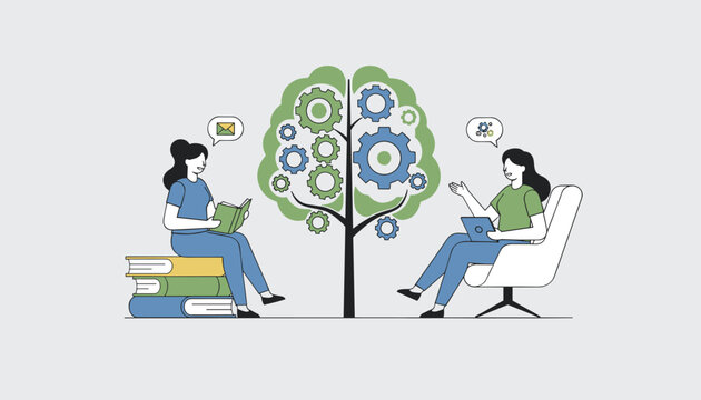 Brain-shaped tree with gears symbolizing cognitive development and communication between two working women.