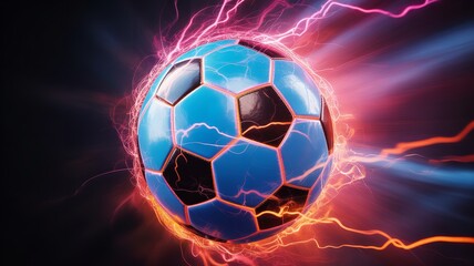 Naklejka premium Soccer ball with glowing colorful energy lightning effects symbolizing motion excitement and power in vibrant sports illustration