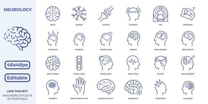 Neurology editable stroke Brain, neuron, synapse, dizziness, MRI, insomnia, headache, migraine, memory loss, brain tumor, spinal cord, anxiety, surgery, health, phsychotherapy dual tone blue 48x48px