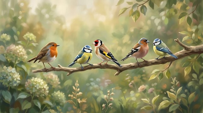 Colorful songbirds perched on a tree branch in a garden