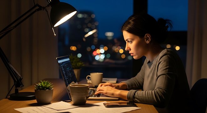 Woman working late at home office desk.