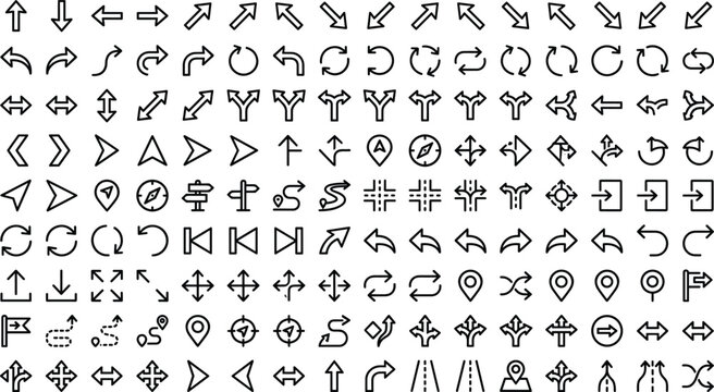 Arrow and cursor line icons set for map navigation web interface and road route tracking