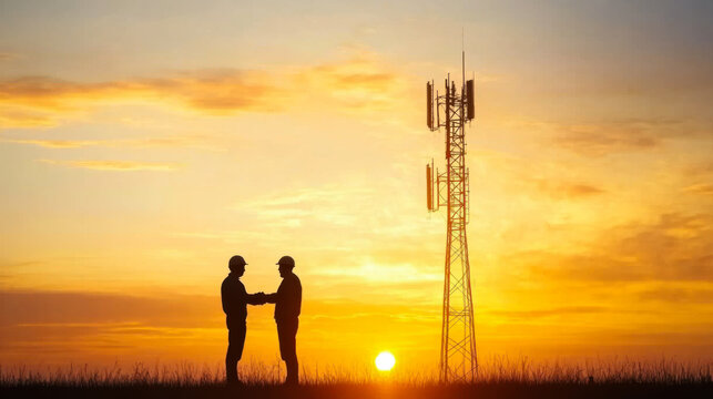 Silhouette Engineer worker man and woman working wearing helmets doing field work telecommunication tower