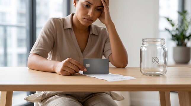 Stressed young woman holding credit card looking at empty savings jar and financial receipt on table