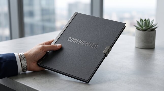 Business professional holding a black confidential document folder on a bright modern office desk with security