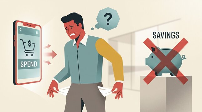 Stressed man with empty pockets showing the financial struggle of impulsive online shopping habits