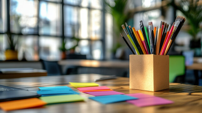 Paint brushes and colorful sticky notes on a wooden table in office
