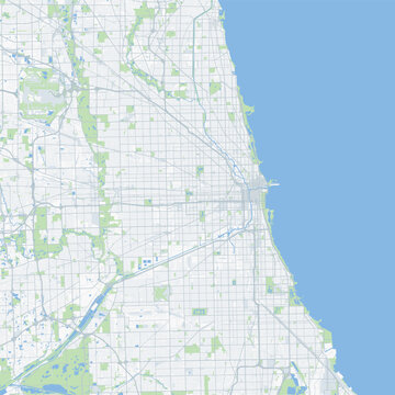 Minimal vector city map of Chicago with streets, parks and Lake Michigan shoreline
